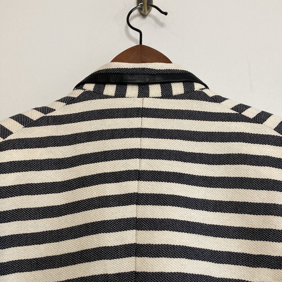 Maje Jacket Womens Small Gray Cream Cotton Striped Cropped Blazer Leather Trim - Picture 4 of 14